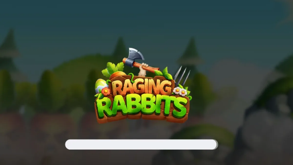 Visual medan perang kartun dalam slot Raging Rabbits dengan karakter kelinci bersenjata.
