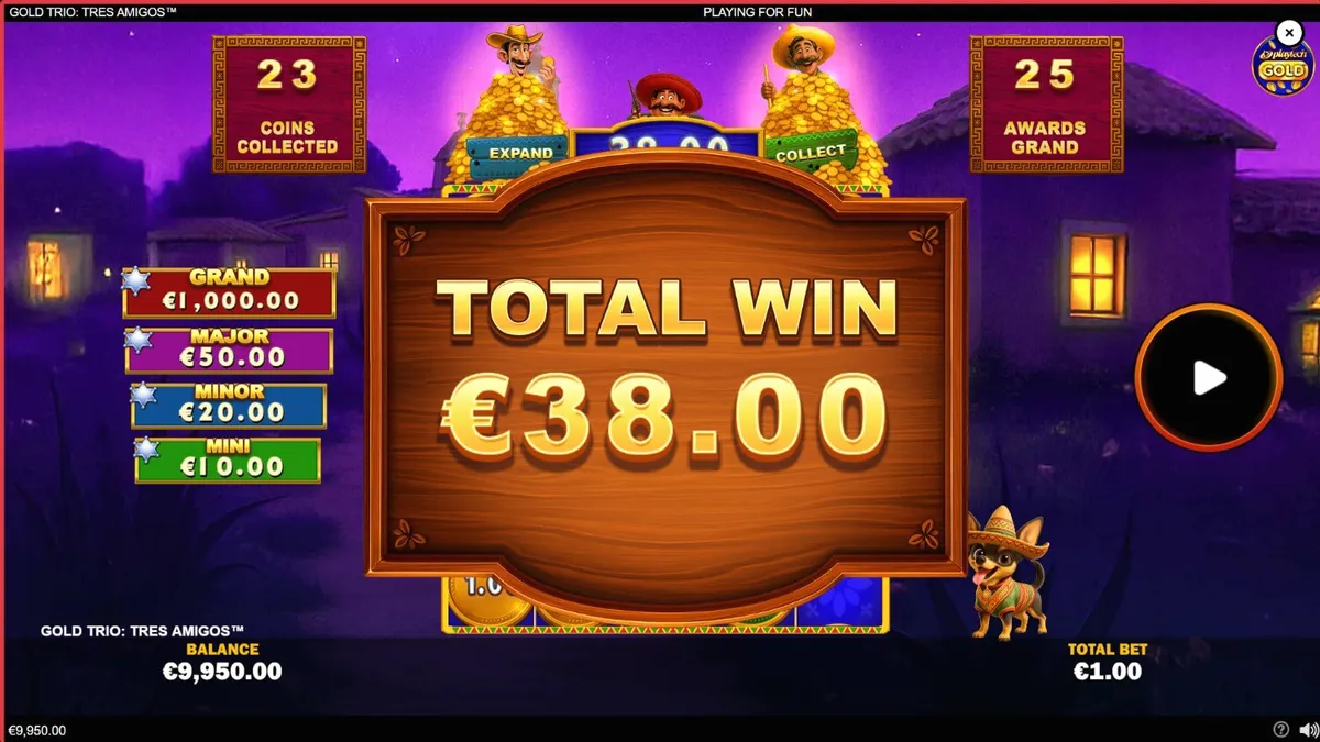 Tampilan antarmuka mobile slot Gold Trio: Tres Amigos dengan tema fiesta Meksiko